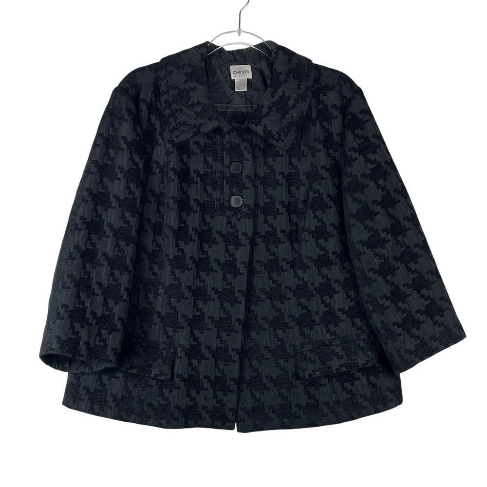 Chico's Women's Black Houndstooth Monochromatic Cropped Two Button Jacket Size 3